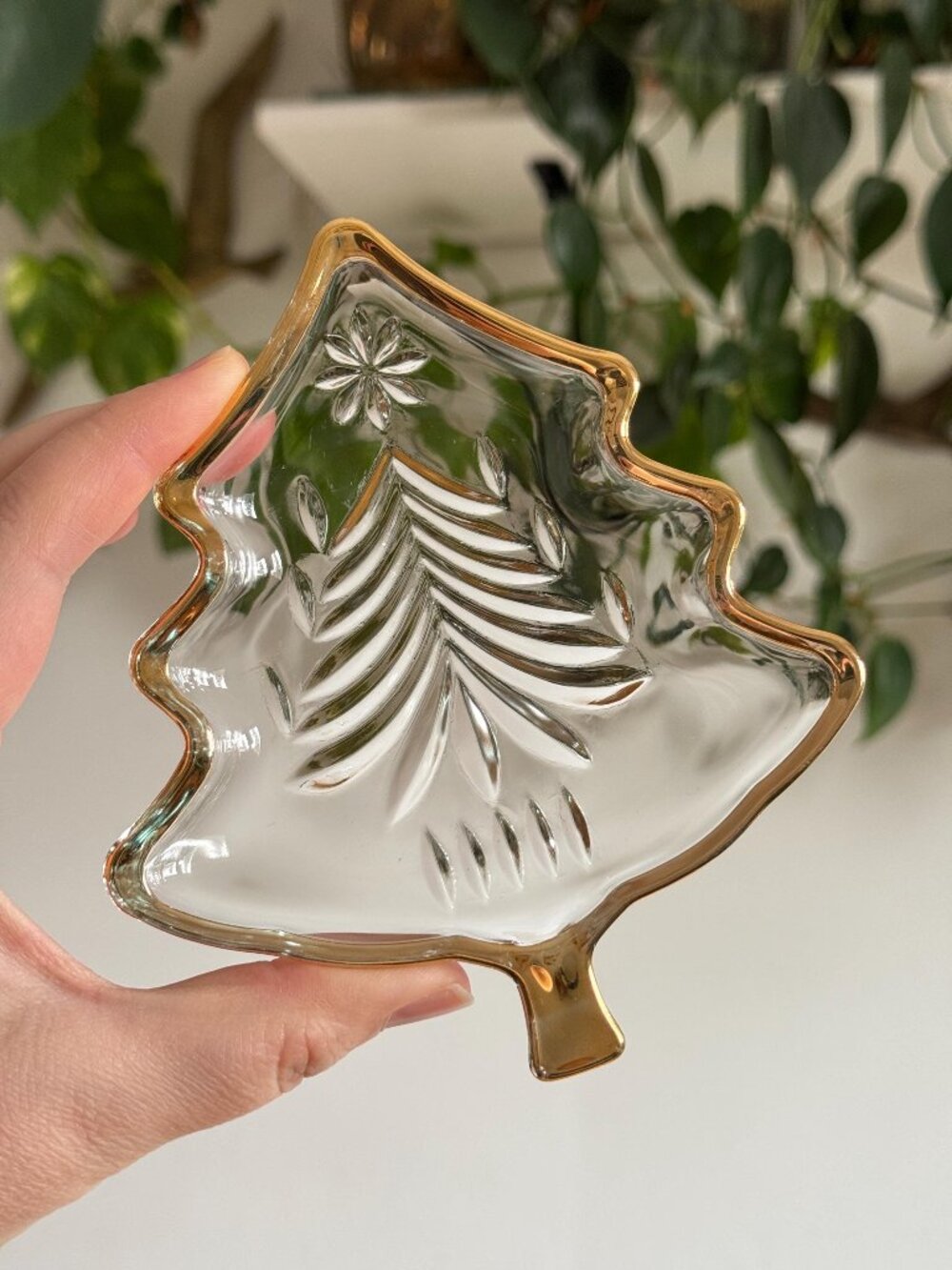 Vintage Clear Glass Christmas Tree Trinket Dish with Gold Trim